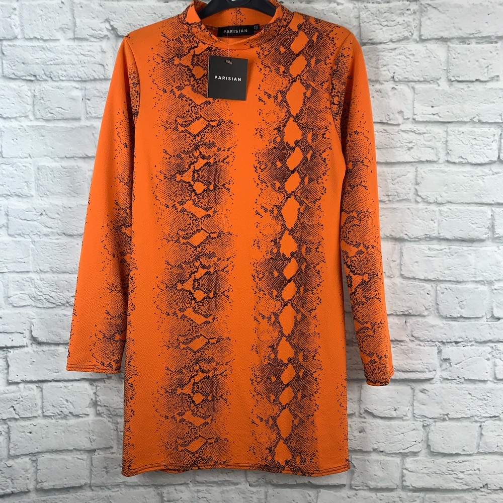 NWT Orange Snake Print High Neck Bodycon Dress - Picture 2 of 6